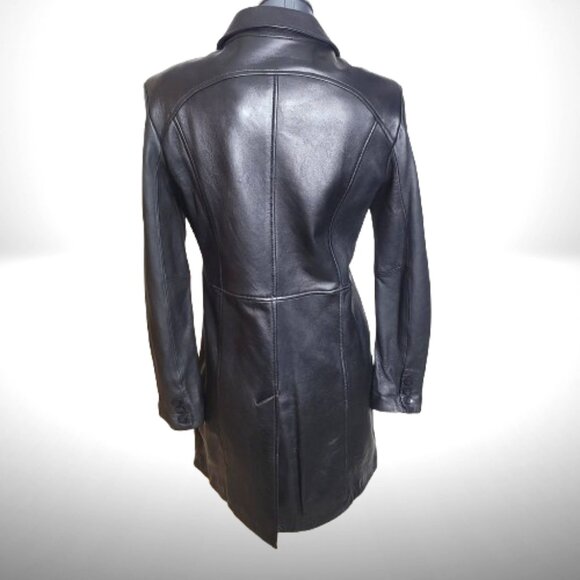 Kenneth Cole Reaction Black 100% Leather Coat – Size M – Tailored Long Jacket - Picture 7 of 11